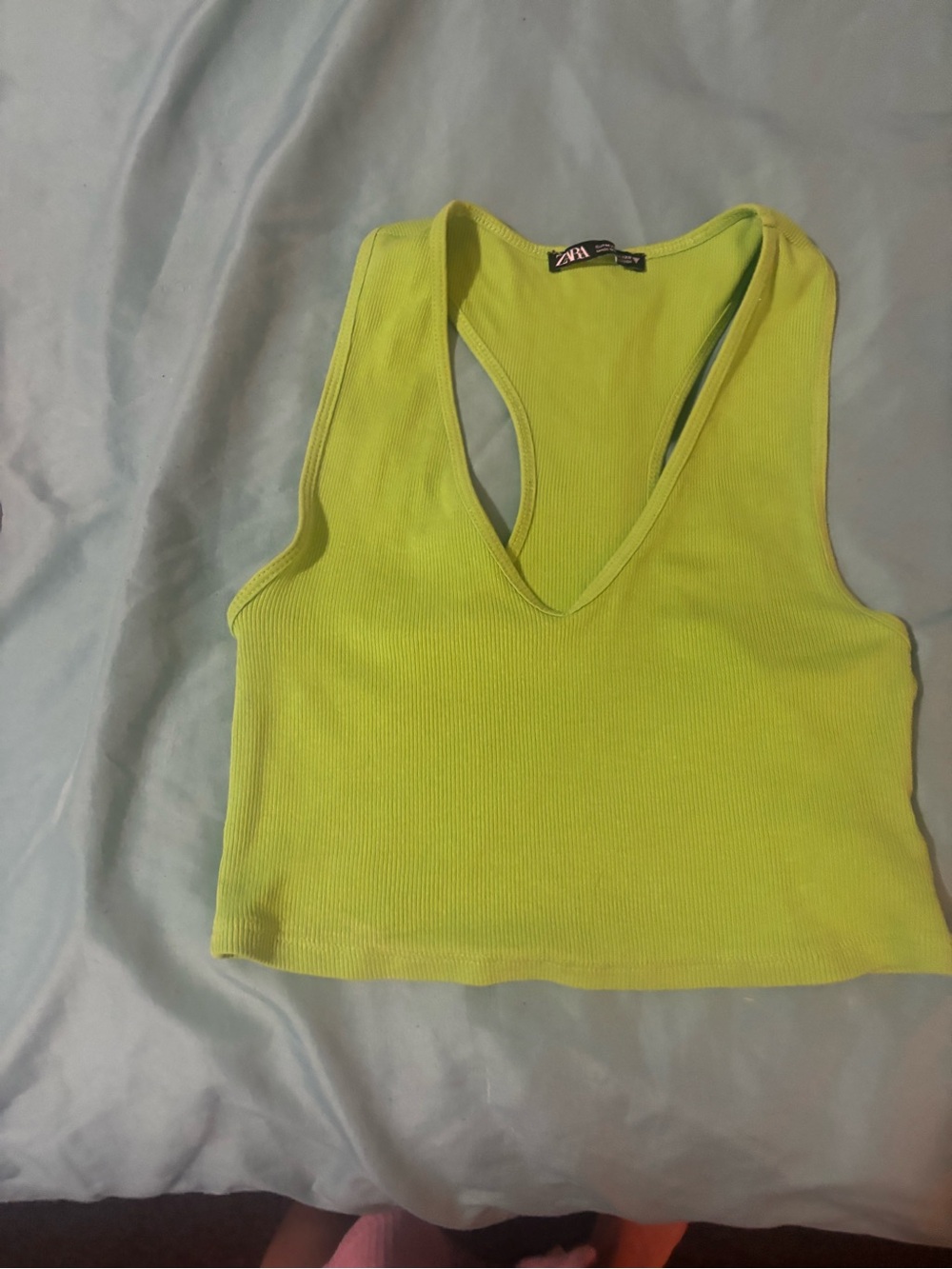ZARA Neon Lime V‑Neck Ribbed Crop Tank